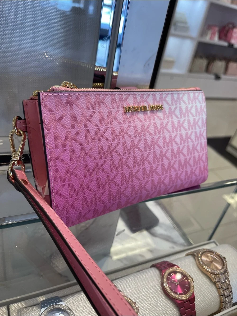MICHAEL KORS Jet Set Large Double Zip Ombré Signature Logo Wristlet Phone Holder